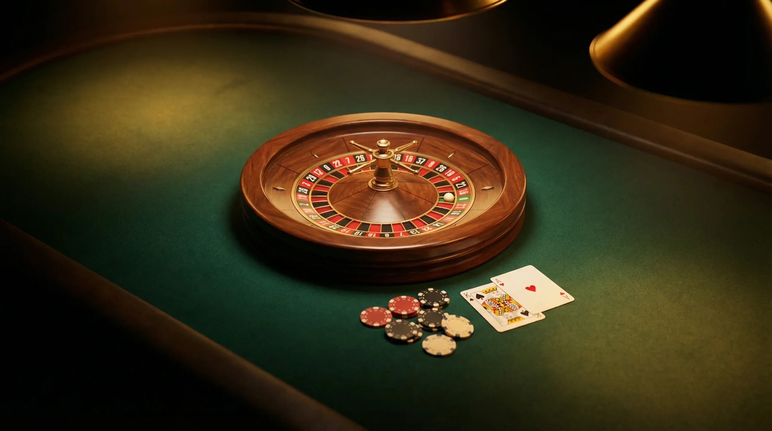 Best online casino games UK — roulette table with cards and chips in warm light