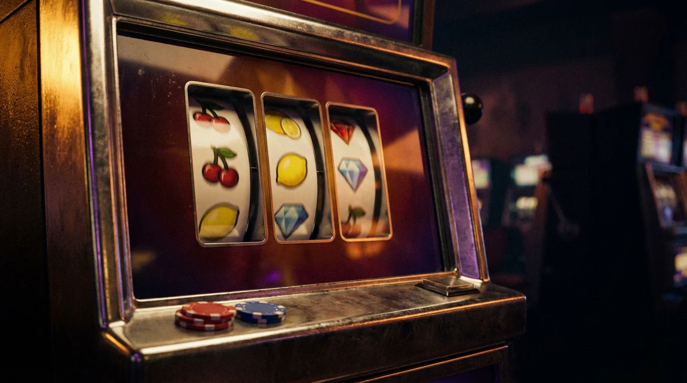 Online slot machine reels glowing in a dark casino setting