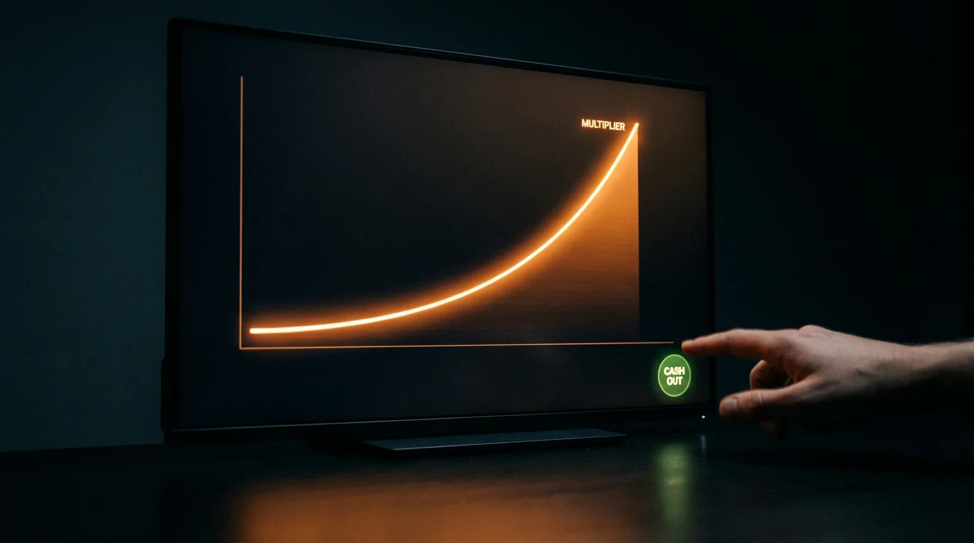 Rising multiplier curve glowing on a dark screen with a finger hovering over the cash-out button