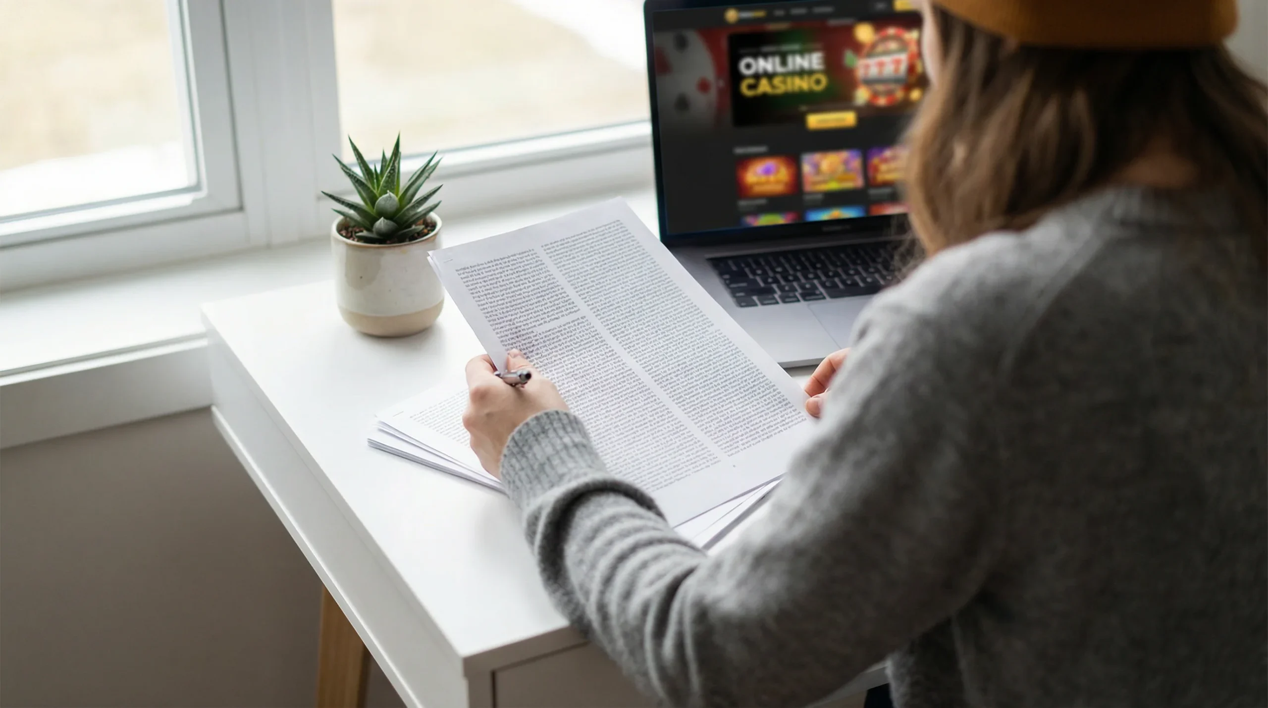 Person reviewing casino bonus terms and conditions on a laptop screen