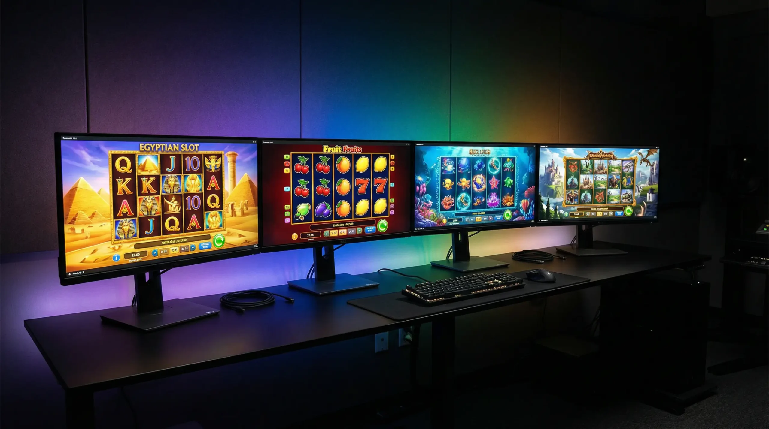 Row of slot game screens showing diverse themes from different game studios
