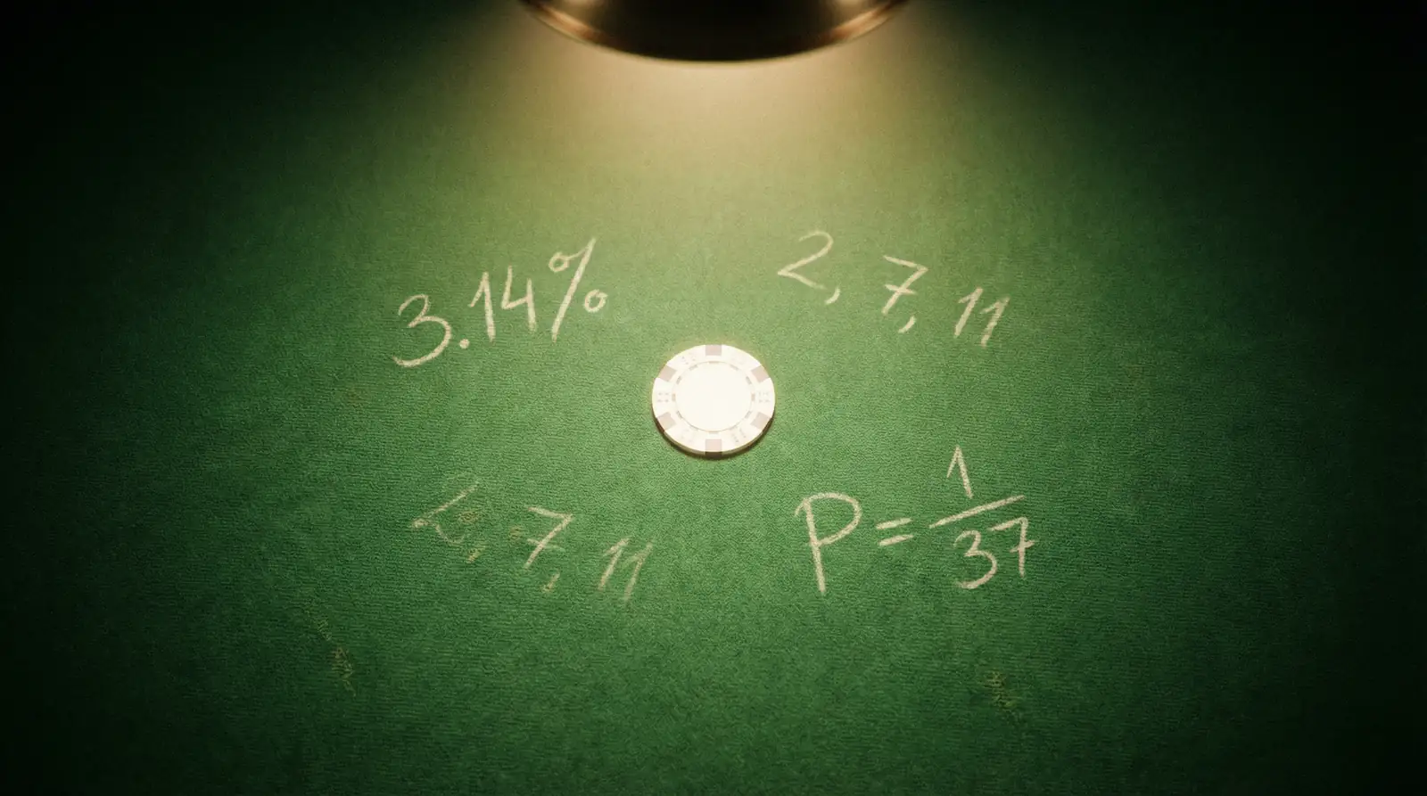 Green felt table with a single roulette chip and subtle mathematical notation etched in chalk
