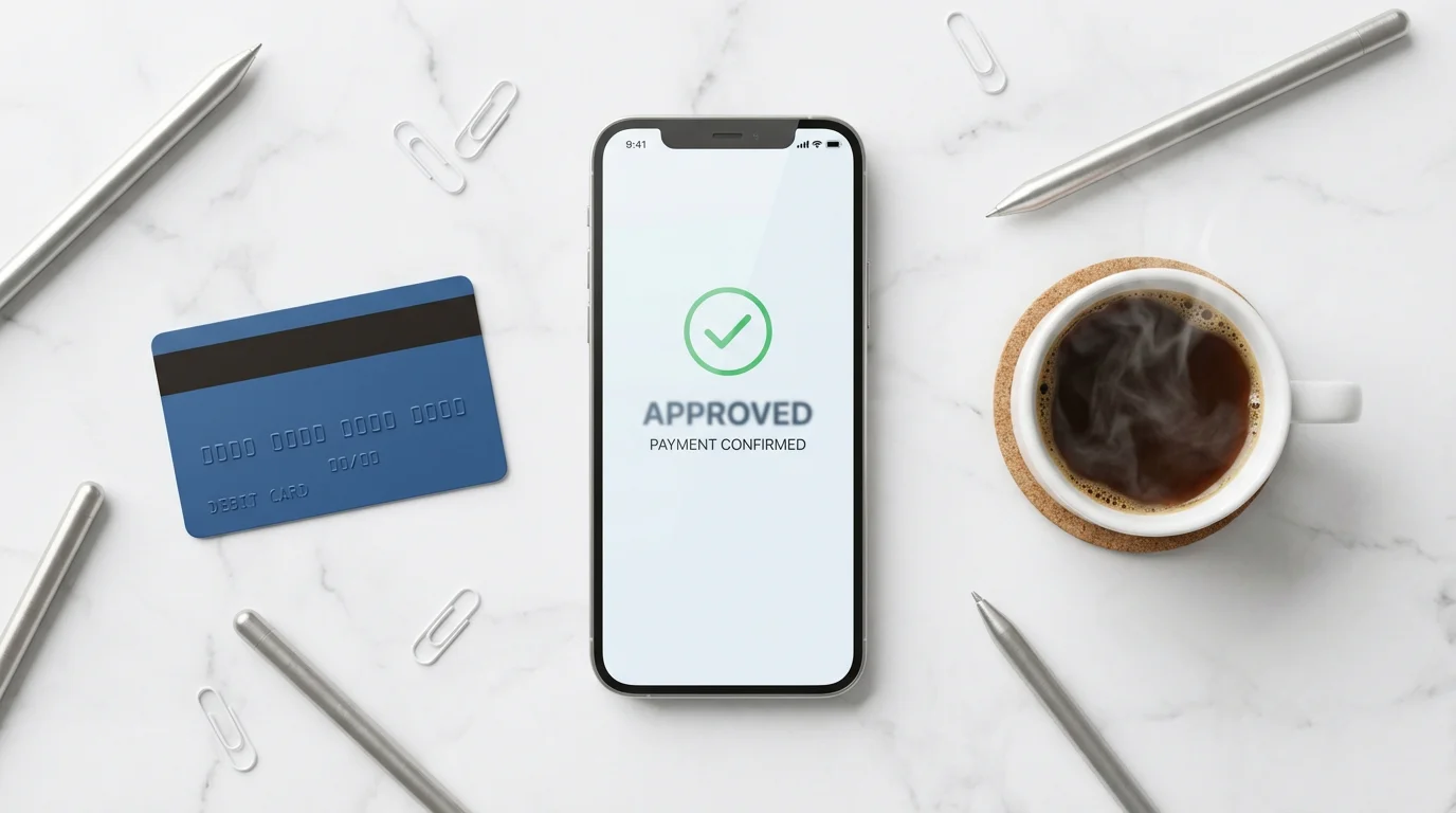 Casino payment methods UK — smartphone showing payment app next to a debit card on a clean desk