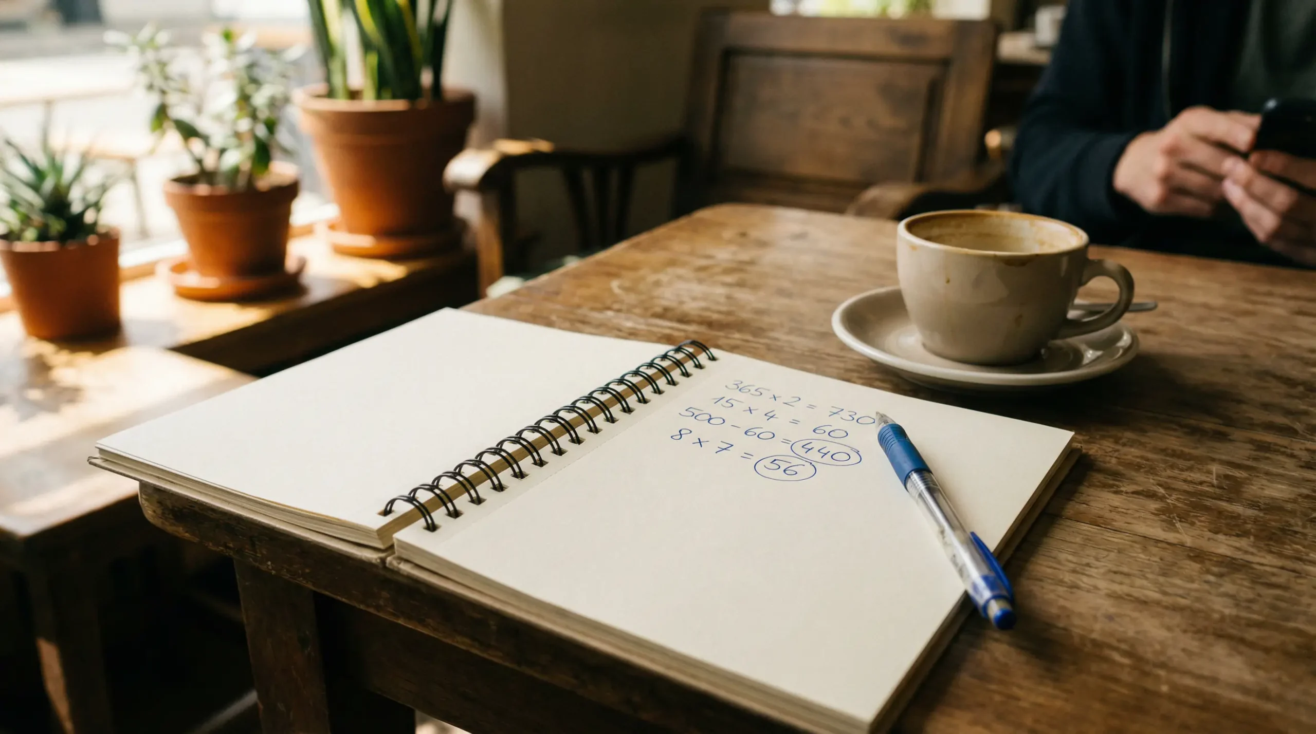Notebook with handwritten bonus calculations next to a cup of coffee