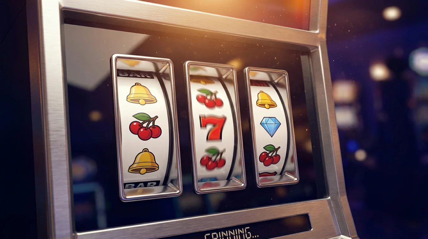 Slot machine reels mid-spin with colourful symbols glowing
