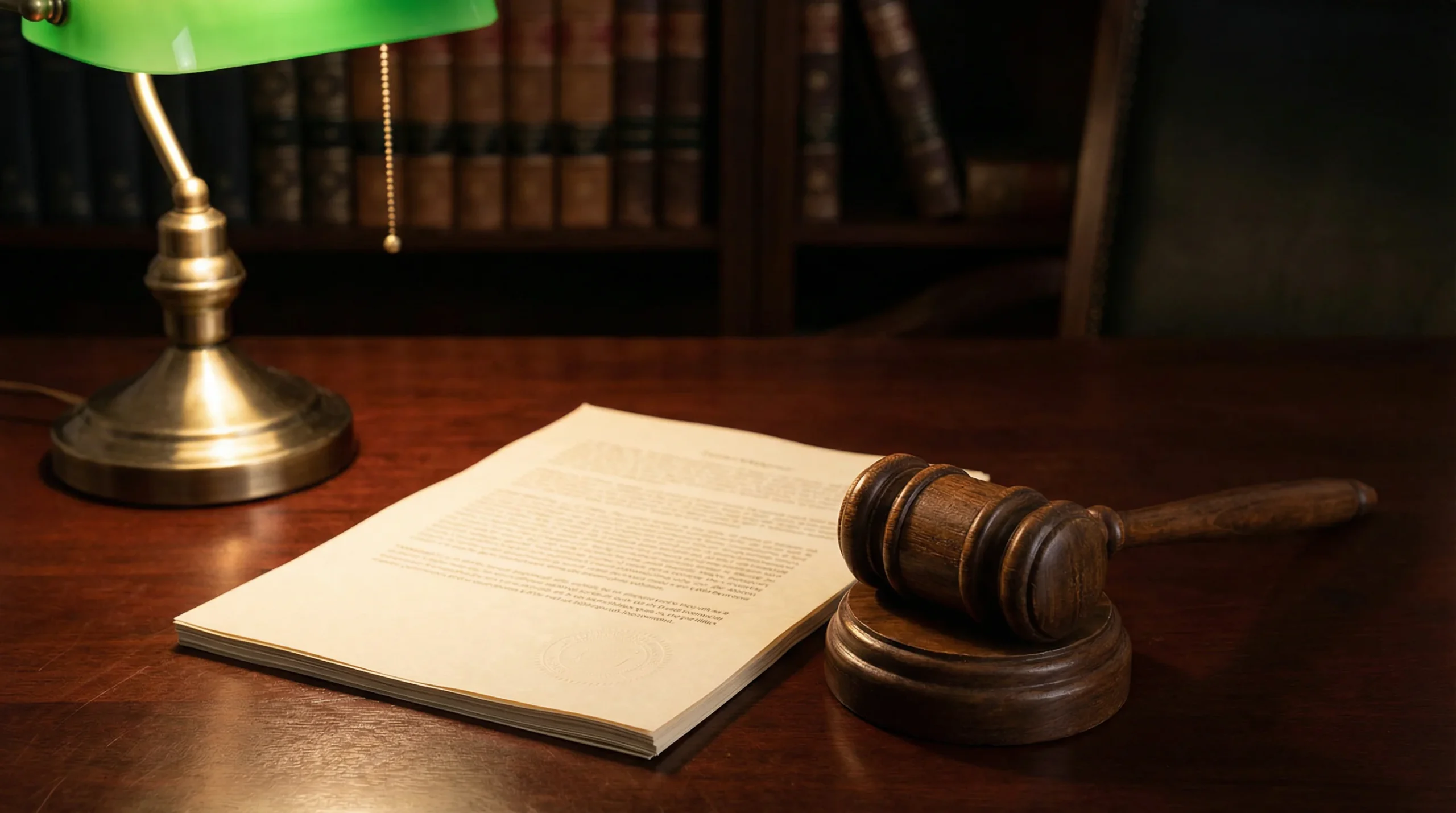 Official legal document with a gavel resting beside it on a polished wooden surface