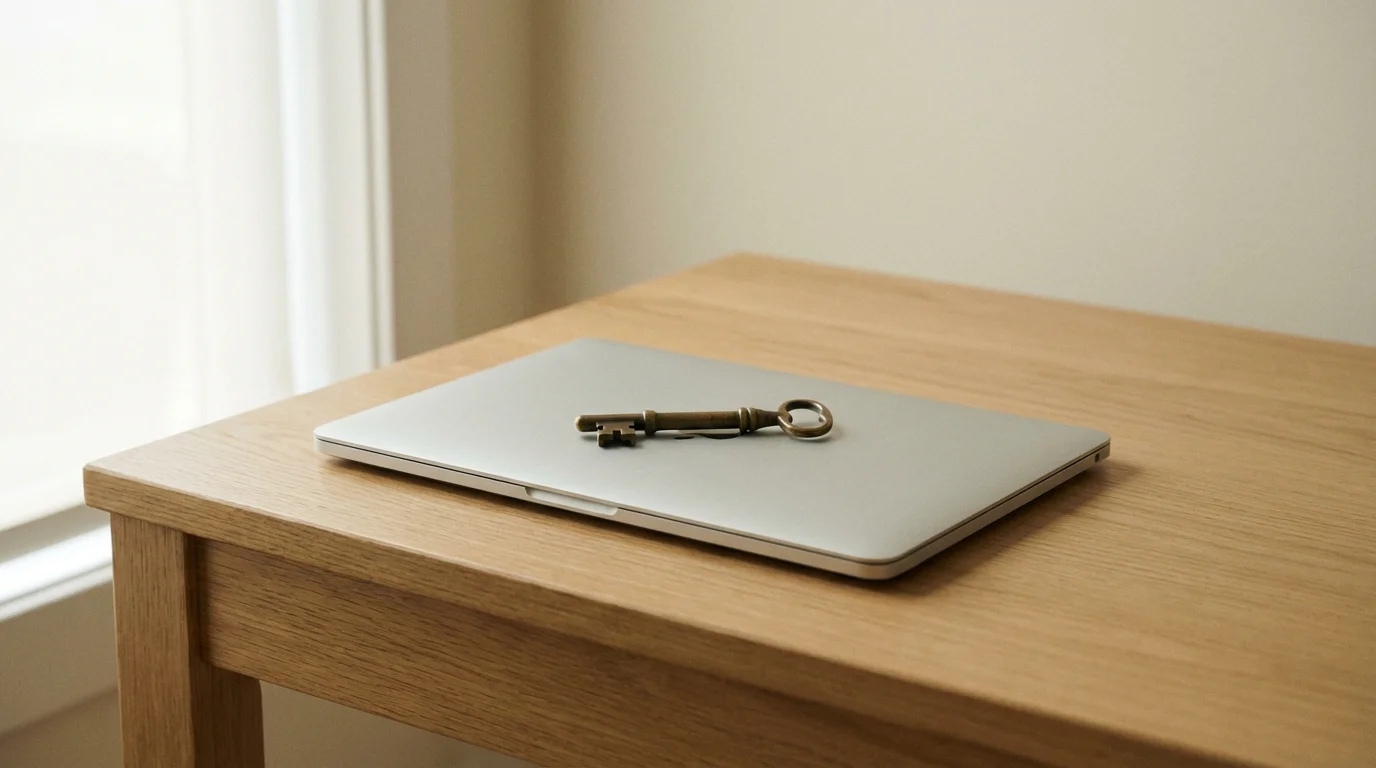 A closed laptop on a clean desk with a key resting on top, symbolising self-exclusion