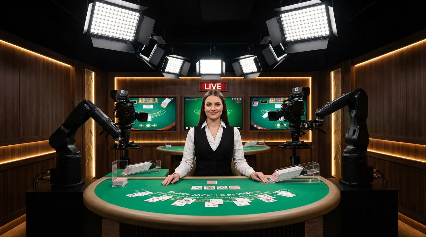 Professional live casino dealer at a blackjack table in a broadcast studio