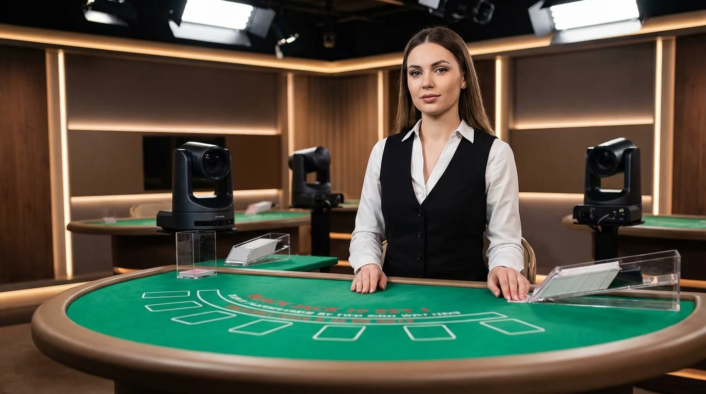 Professional live dealer standing at a blackjack table in a brightly lit casino studio