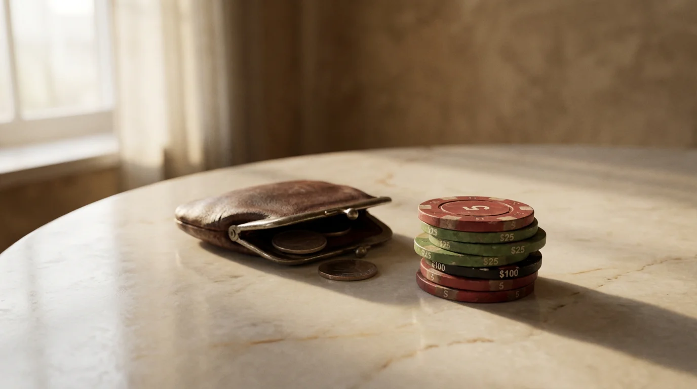A few casino chips neatly stacked on a clean surface beside a small coin purse