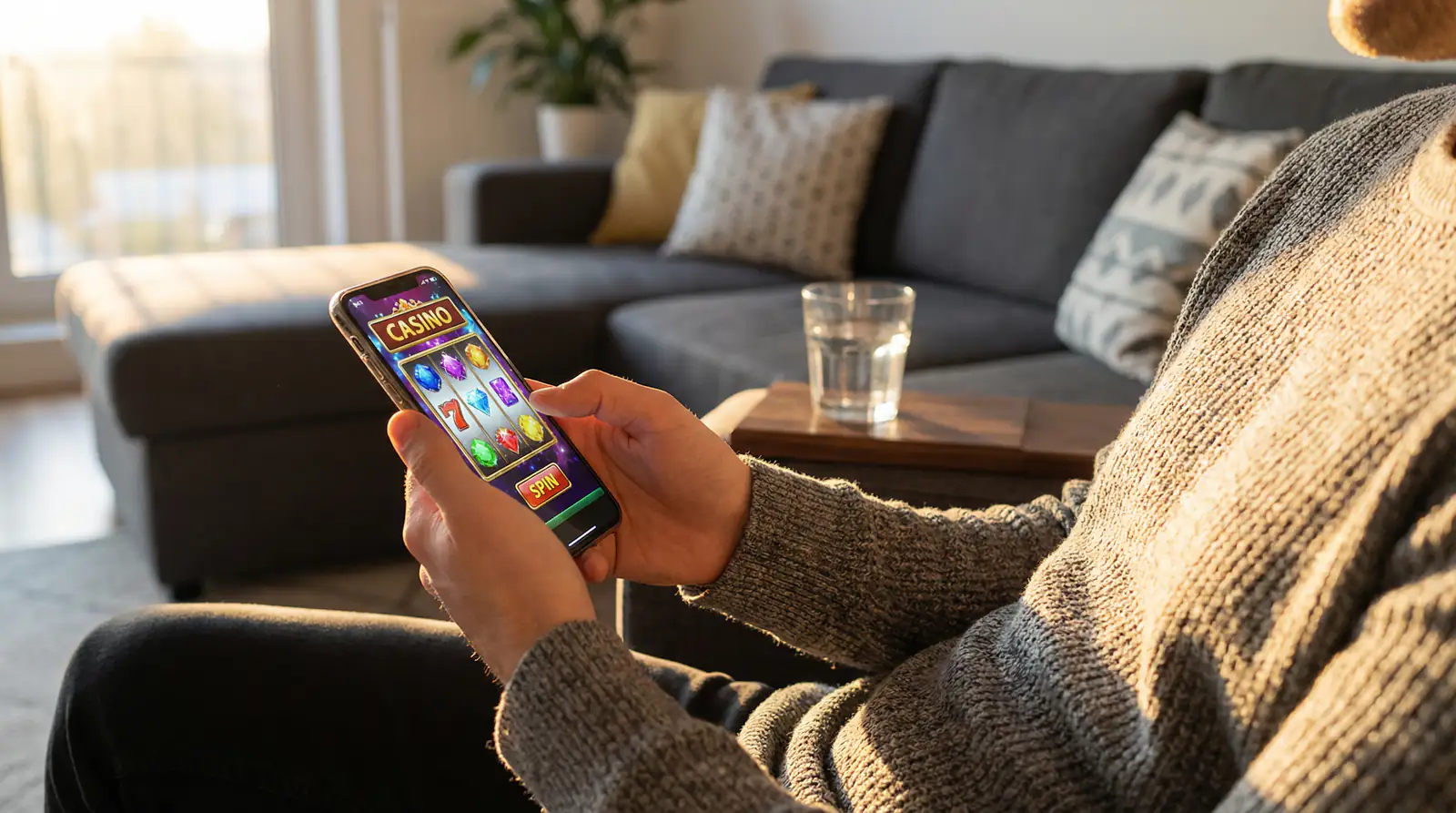 Person holding a smartphone displaying a casino game on a sofa