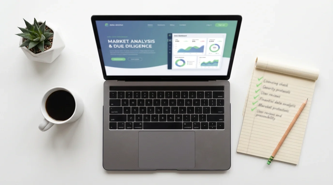 Laptop screen showing a new casino website with a checklist notepad beside it