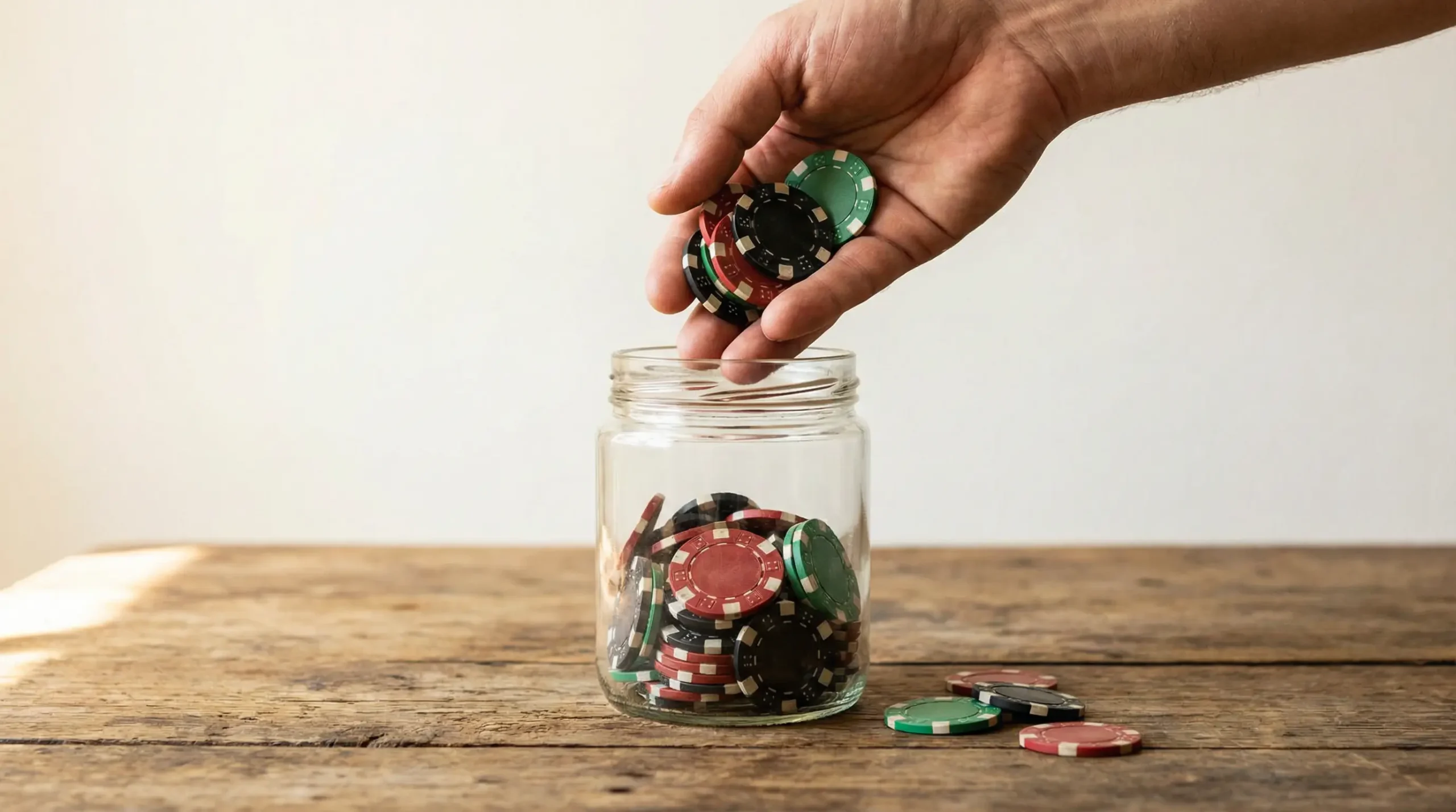 Hand holding casino chips with a clear price tag showing no hidden conditions