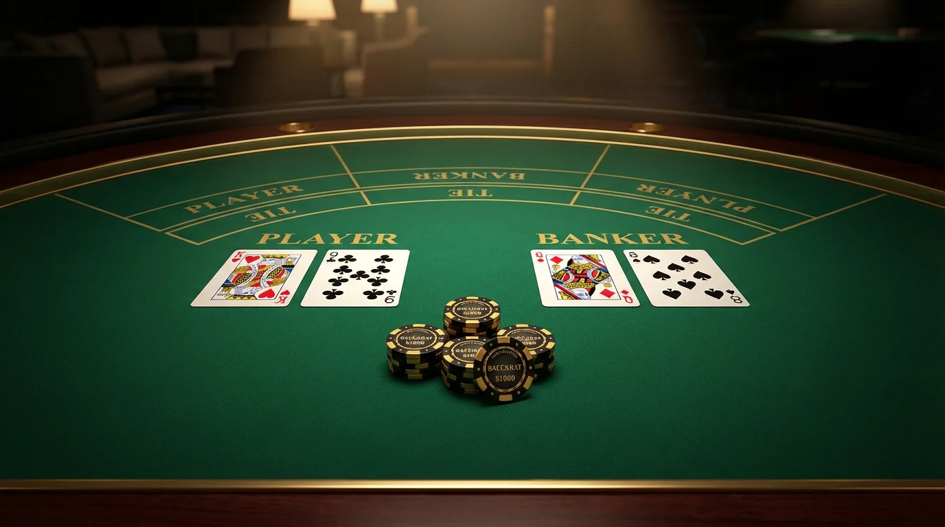 Elegant baccarat table with face-up cards and neatly stacked chips under warm light