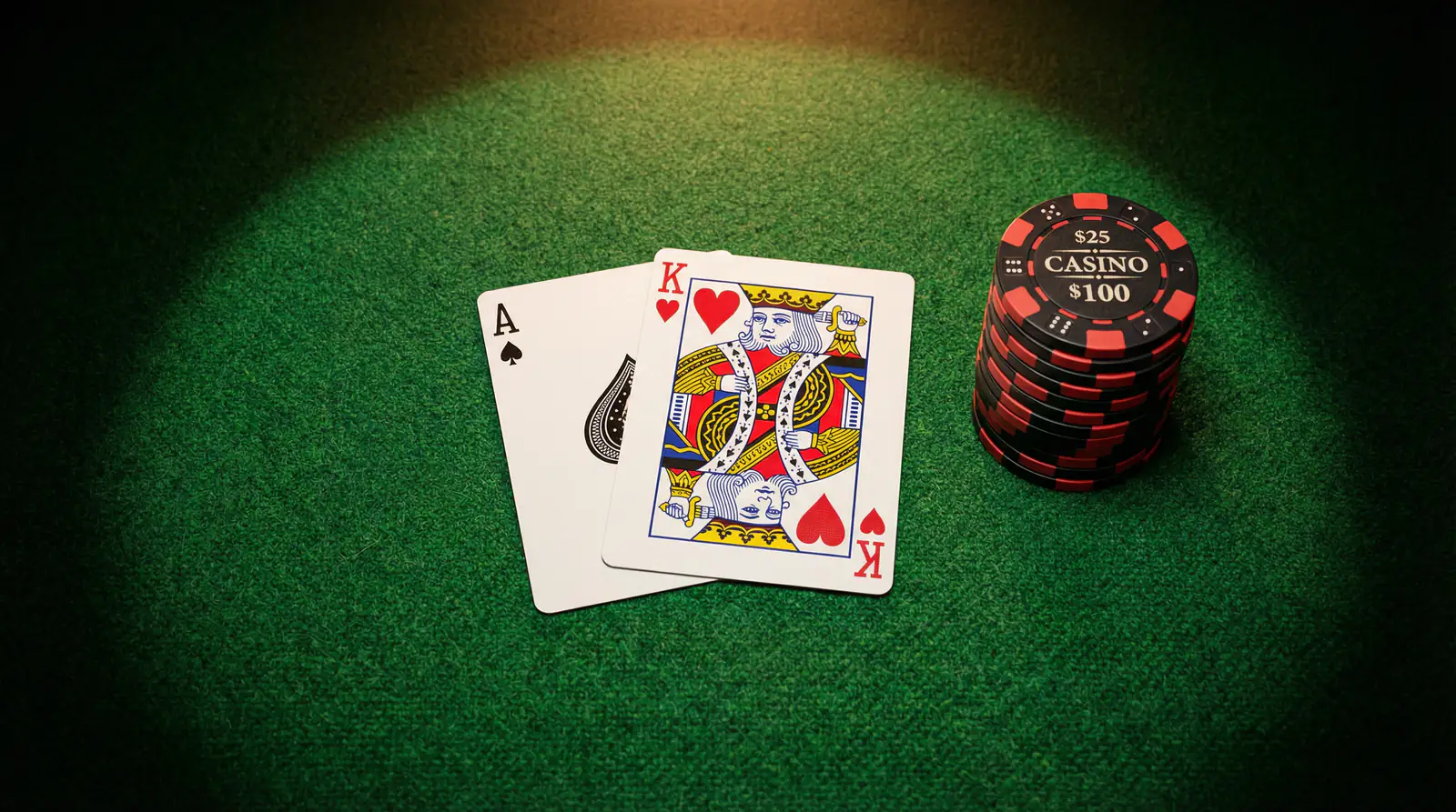 Close-up of blackjack cards and chips on a green felt table