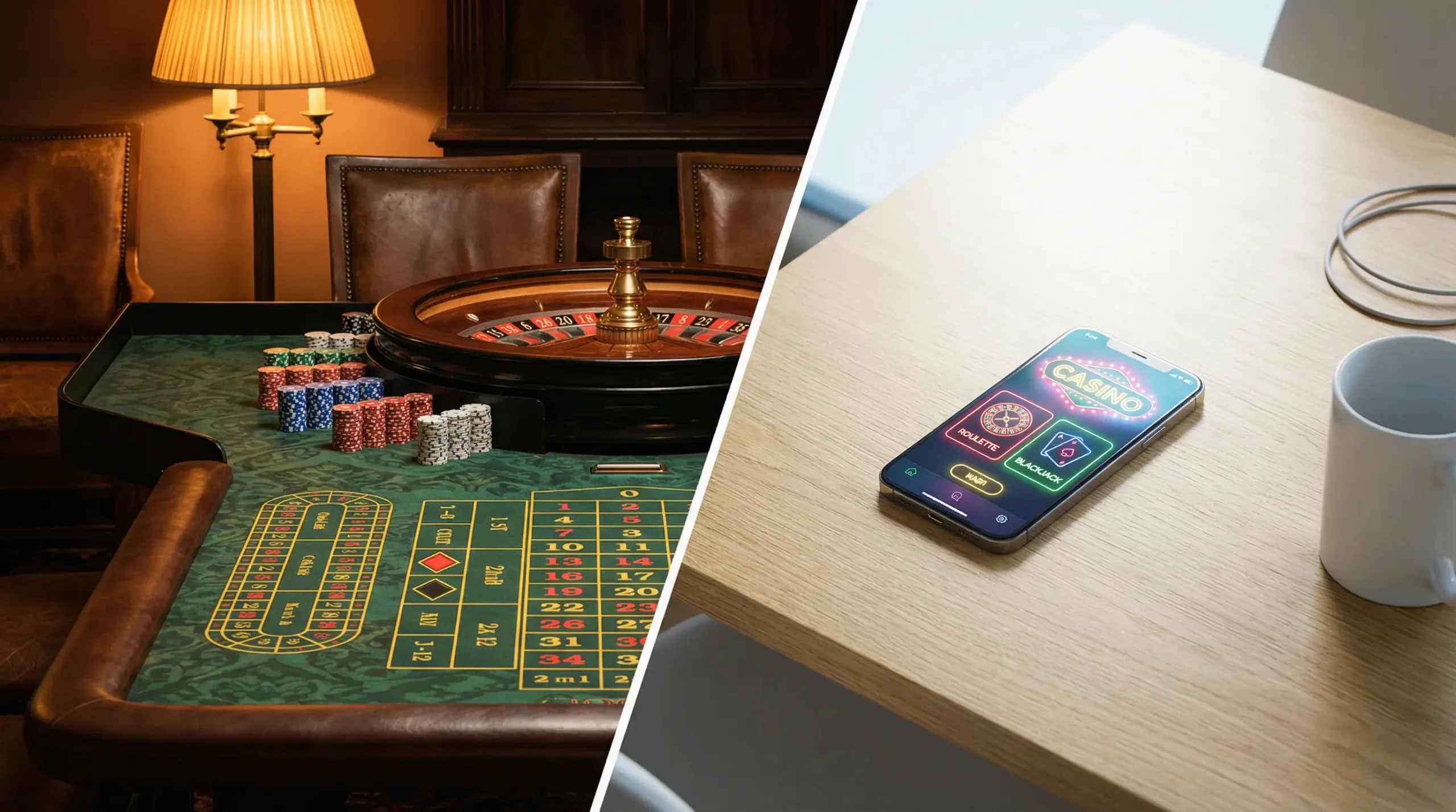 Split view of a physical casino table on the left and a phone with a casino app on the right