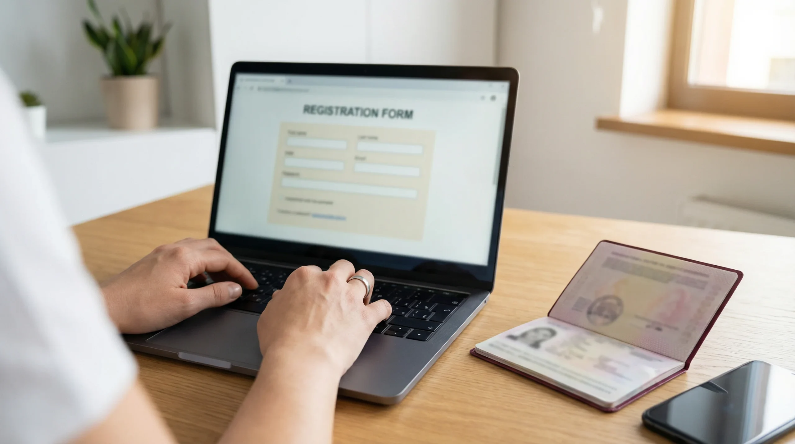 Person filling in a registration form on a laptop with a passport lying beside the keyboard