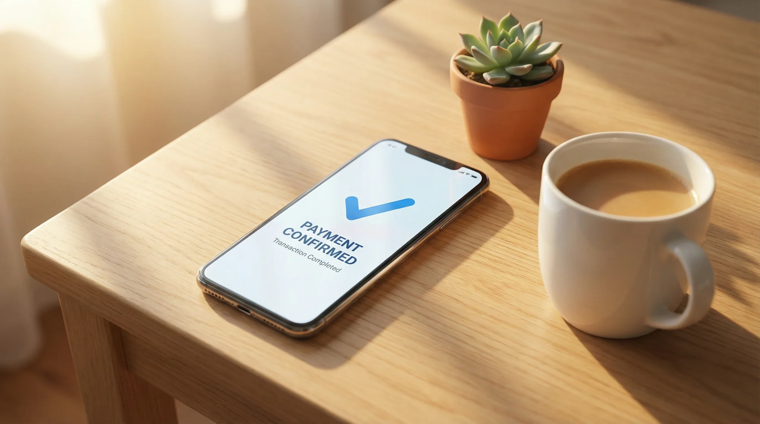 Smartphone showing a PayPal payment confirmation on a wooden desk
