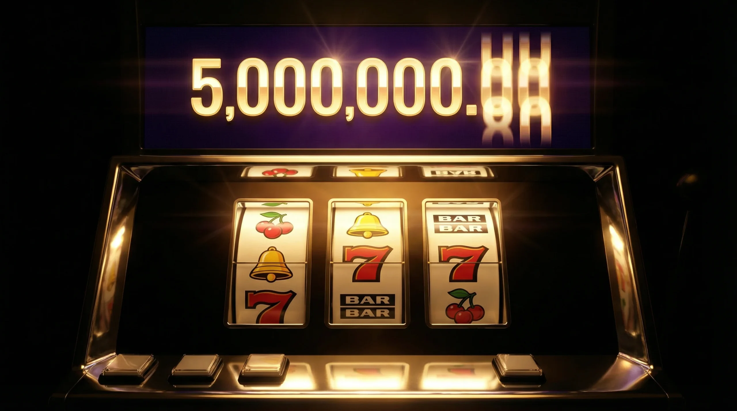 Slot machine screen with a large glowing jackpot counter displaying a rising number