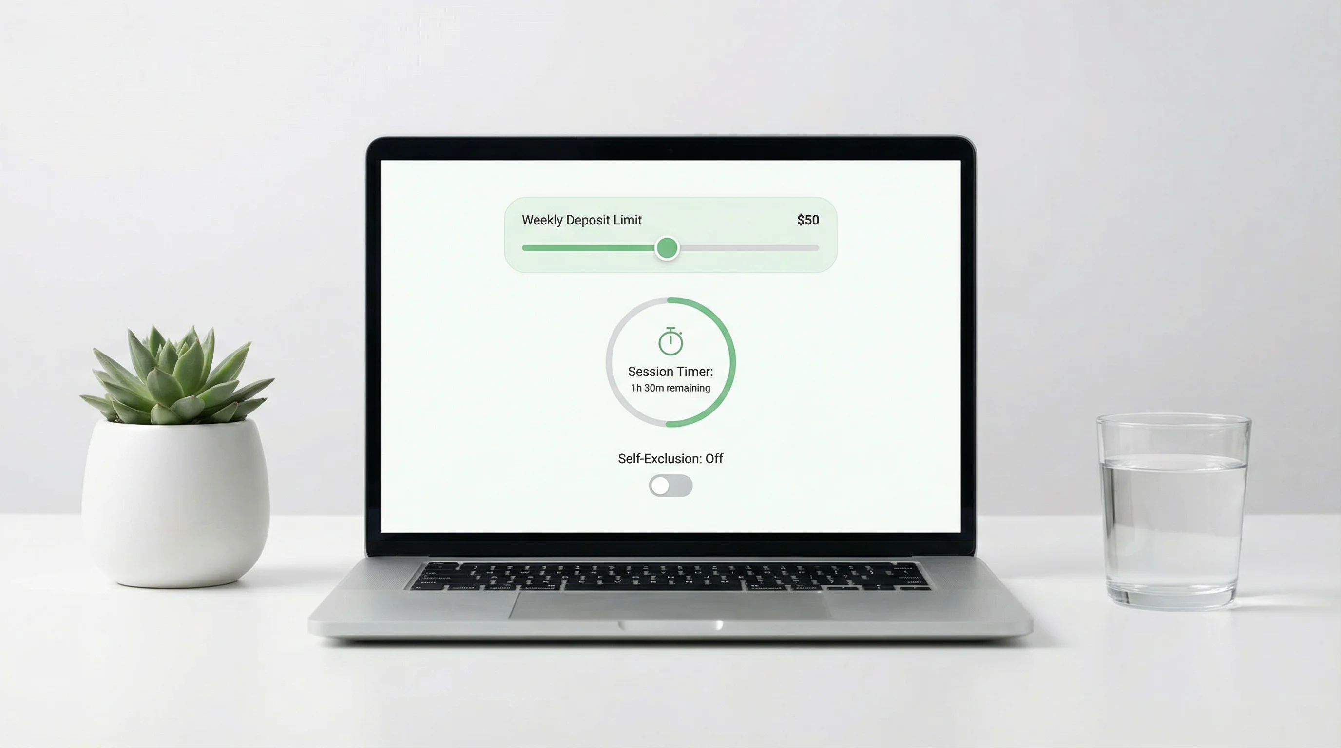 Laptop screen displaying a responsible gambling dashboard with deposit limit settings and session timer