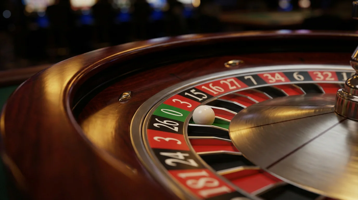 European roulette wheel spinning in a casino with a single green zero pocket visible