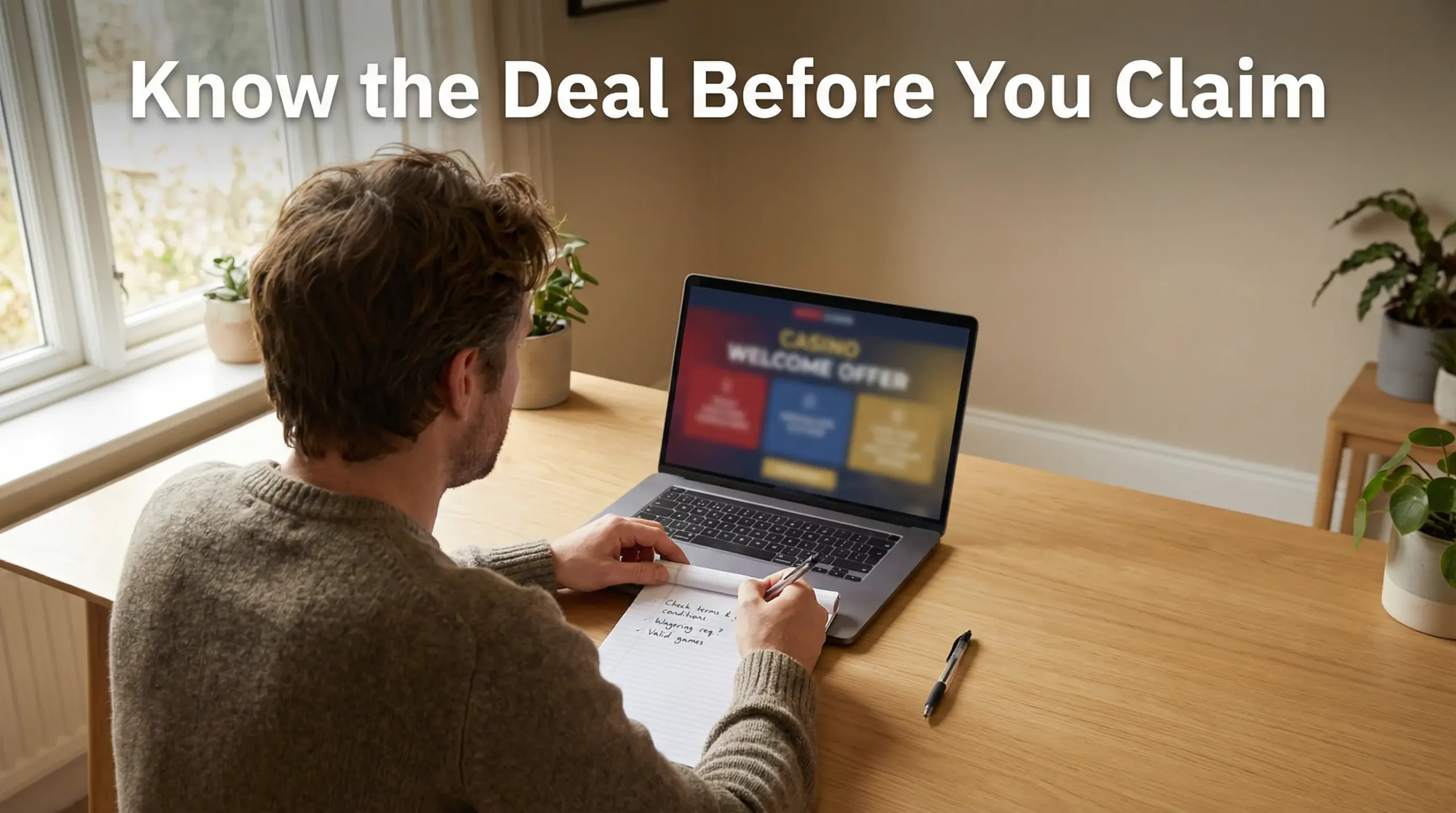 UK casino bonuses explained — person reading bonus terms on a laptop with notepad nearby
