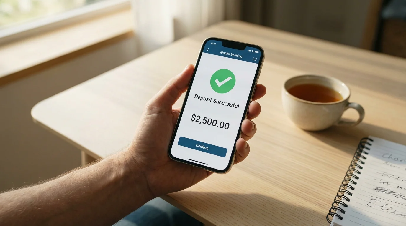 Person holding a smartphone showing a mobile banking app with a casino deposit confirmation screen
