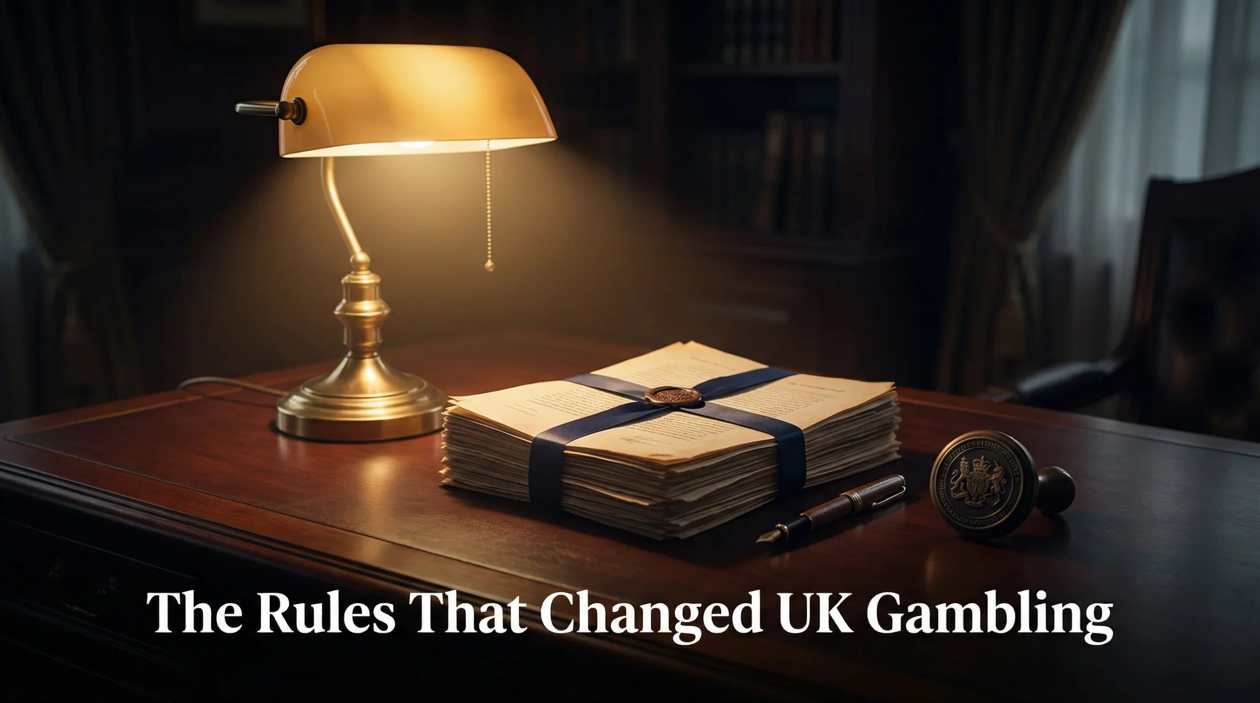 UK gambling regulation 2026 — official document with UKGC seal on a wooden desk under warm lamp light