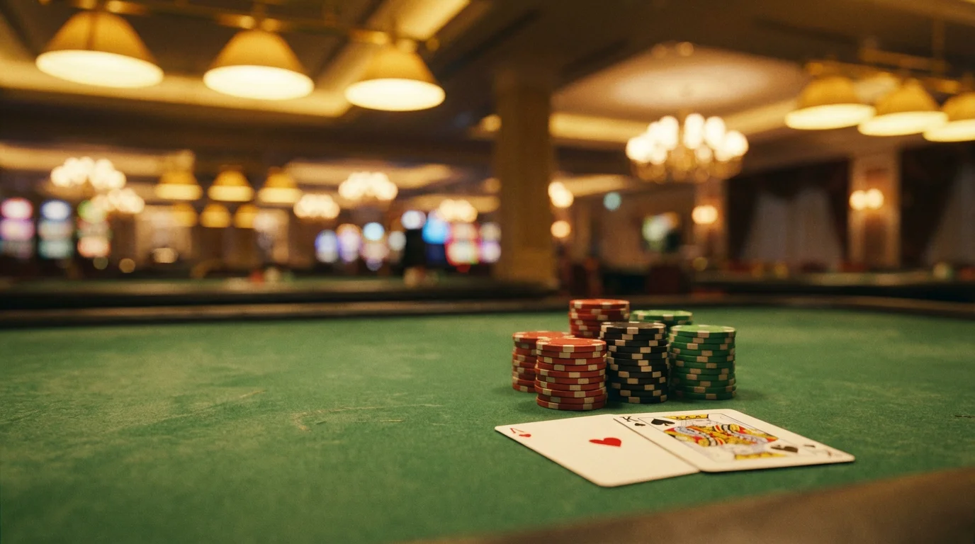 Close-up of a green casino table with stacked chips and playing cards under warm overhead lighting