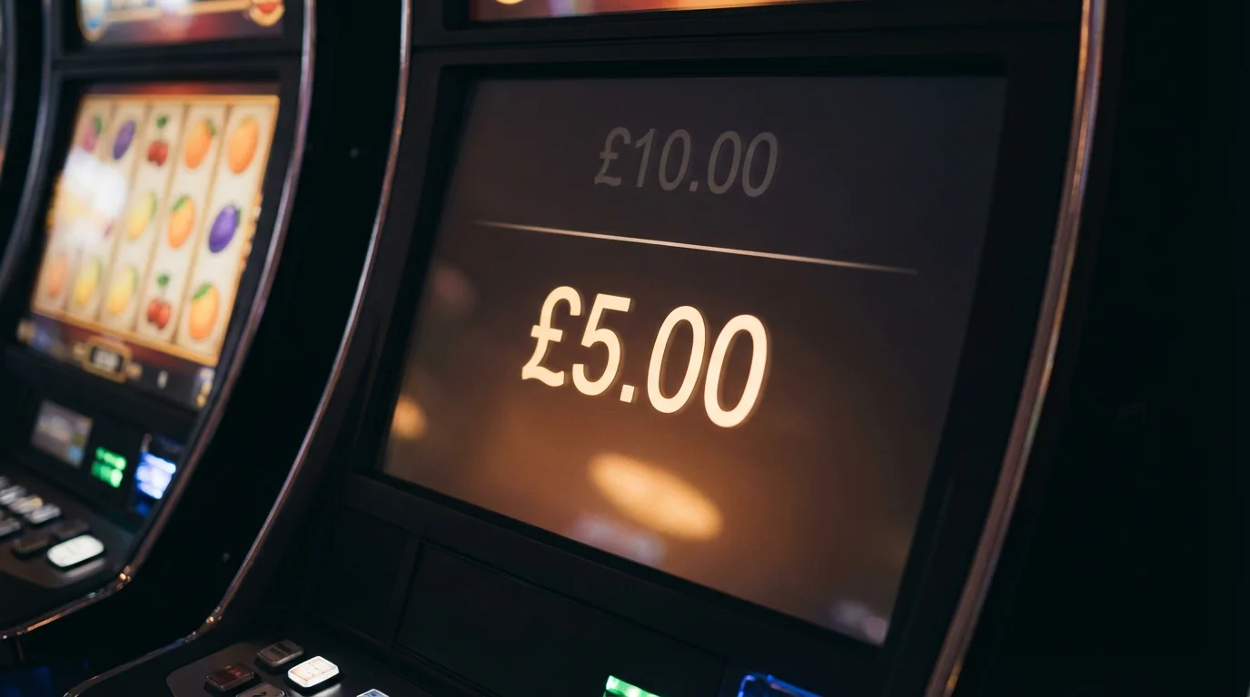 Slot machine bet selector showing a maximum £5 stake on the screen