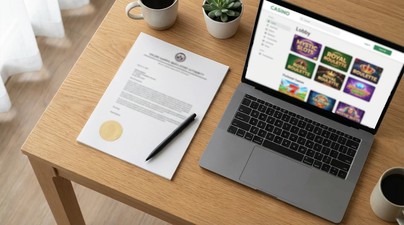 Official UKGC licence document on a desk beside a laptop showing an online casino lobby